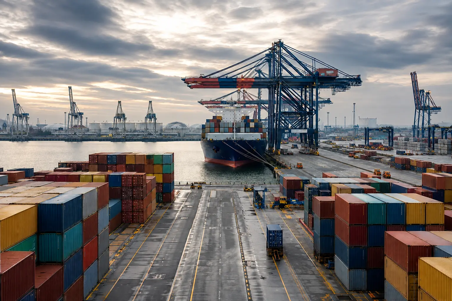 Containerterminal mit Frachtschiff und internationalem Warenumschlag